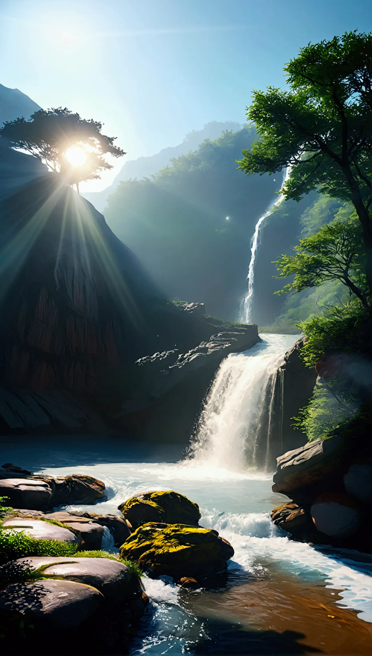 misty，sunlight shines with tyndall effect，forest mountain cliff waterfall，clarity，很clarity，maximum resolution，masterpiece，camera...