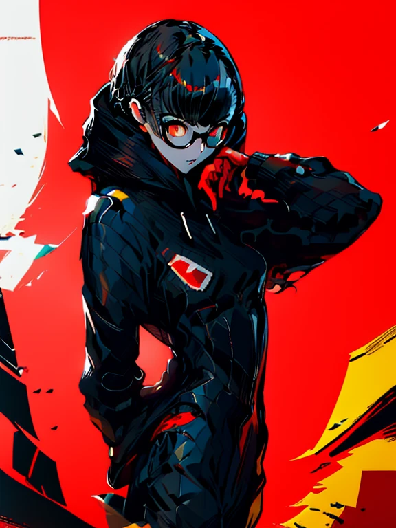 red_black_white, ((chibi)), big head, focus face, in the art style of persona5, (masterpiece:1.2, highest quality), (Realistic, photoRealistic:1.4), Beautiful illustrations, (Natural Side Lighting, Cinema Lighting), Written boundary depth, Beautiful thighs staring at the viewer, 1 female, 20-year-old, alone, thin, slender, (small breasts), long Hair, random Hair, Forehead, Forehead, Forehead, Forehead, thin, slender, glasses, ((Skinny black pants, oversized hoodie)), Are standing, (((glasses)))