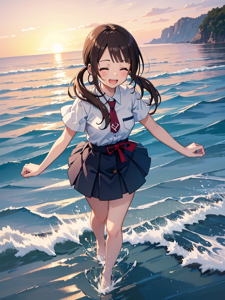 ((Highest quality,masterpiece)),(16K,Ultra-high resolution,Super detailed)1girl, 独奏((Close your eyes and open your mouth and smile:1.3)),okitasawa, Low twintails that reach down to the shoulders,white shirt, short sleeves, red necktie, blue skirt,The Japanese summer coast in the evening,Highly detailed facial features, Beautiful and perfect face, Perfect Eyes,walking on water,Splashing water effects,A clear, beautiful sea,A vibrant sunset,Anatomically correct body,Perfect lighting,Perfect Shadow,A face waiting for a kiss,Vibrant gradient background,Full body shot