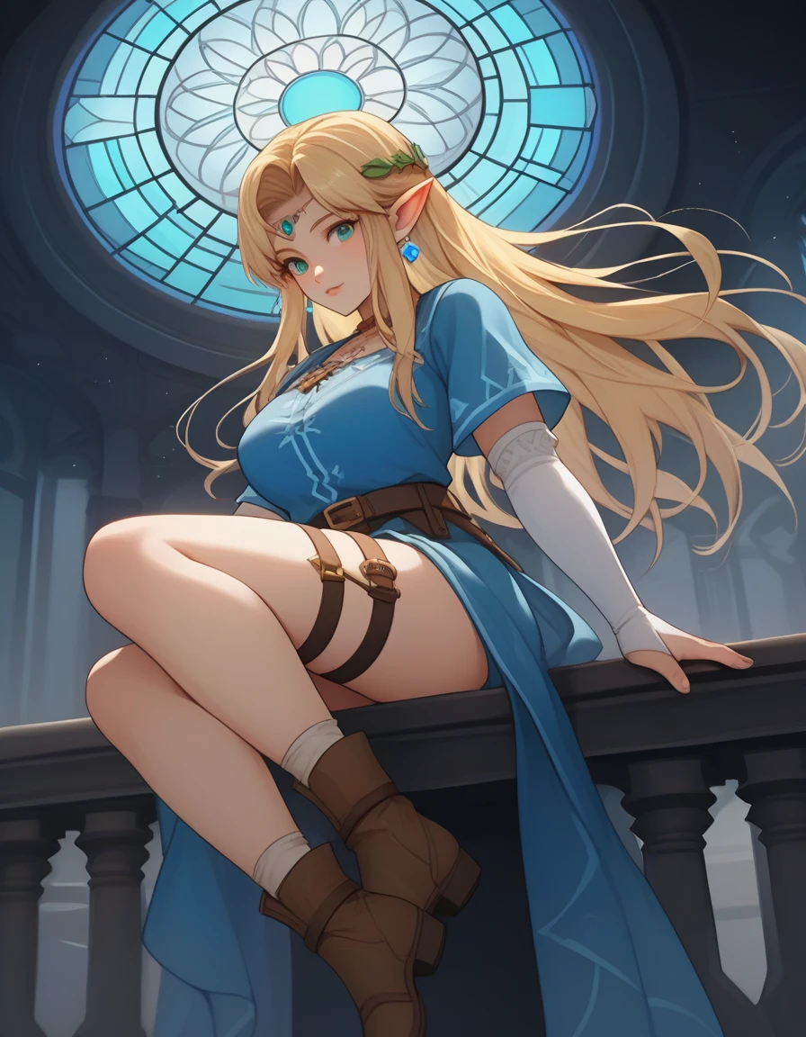 score_9, score_8_up, score_7_up, score_6_up, score_5_up, score_4_up, uncensored, BREAK source_anime, clear outline, a cute girl, botw, link, blonde hair, blue green eyes, pointy ears, bridal gauntlets, brown fingerless gloves, brown footwear, blue tunic, pants, weapon on back, blue earrings, long hair, large breasts, ribbons, frills, thigh strap, bioluminescence, dark, night, darkness, cold, cold lighting, fog, glowing, silent, in the mysterious deep sea, in the beautiful blue deep sea, surrounded by beautiful stained glass, behind the stained glass windows of a church temple, backlit sea bottom, bubbles, fish sitting on the side of a stone column