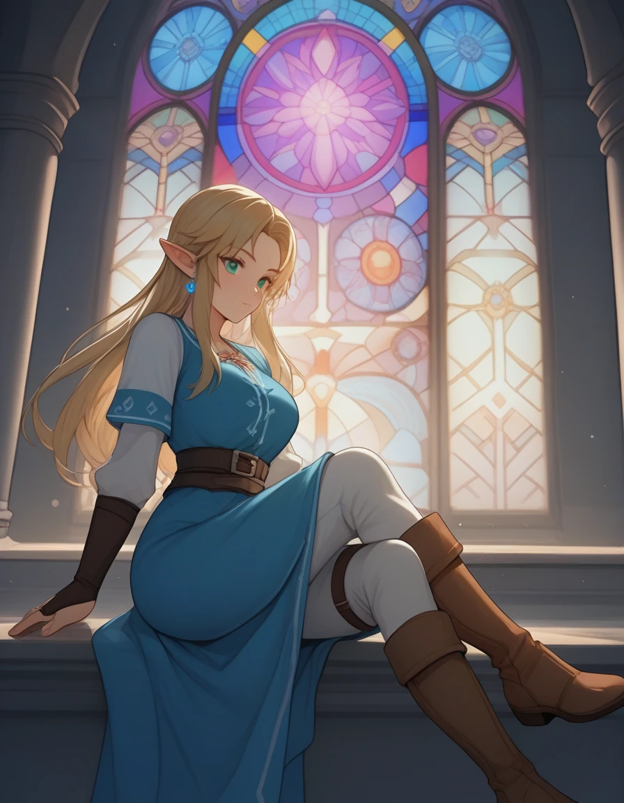 score_9, score_8_up, score_7_up, score_6_up, score_5_up, score_4_up, uncensored, BREAK source_anime, clear outline, a cute girl, botw, link, blonde hair, blue green eyes, pointy ears, bridal gauntlets, brown fingerless gloves, brown footwear, blue tunic, pants, weapon on back, blue earrings, long hair, large breasts, ribbons, frills, thigh strap, bioluminescence, dark, night, darkness, cold, cold lighting, fog, glowing, silent, in the mysterious deep sea, in the beautiful blue deep sea, surrounded by beautiful stained glass, behind the stained glass windows of a church temple, backlit sea bottom, bubbles, fish sitting on the side of a stone column