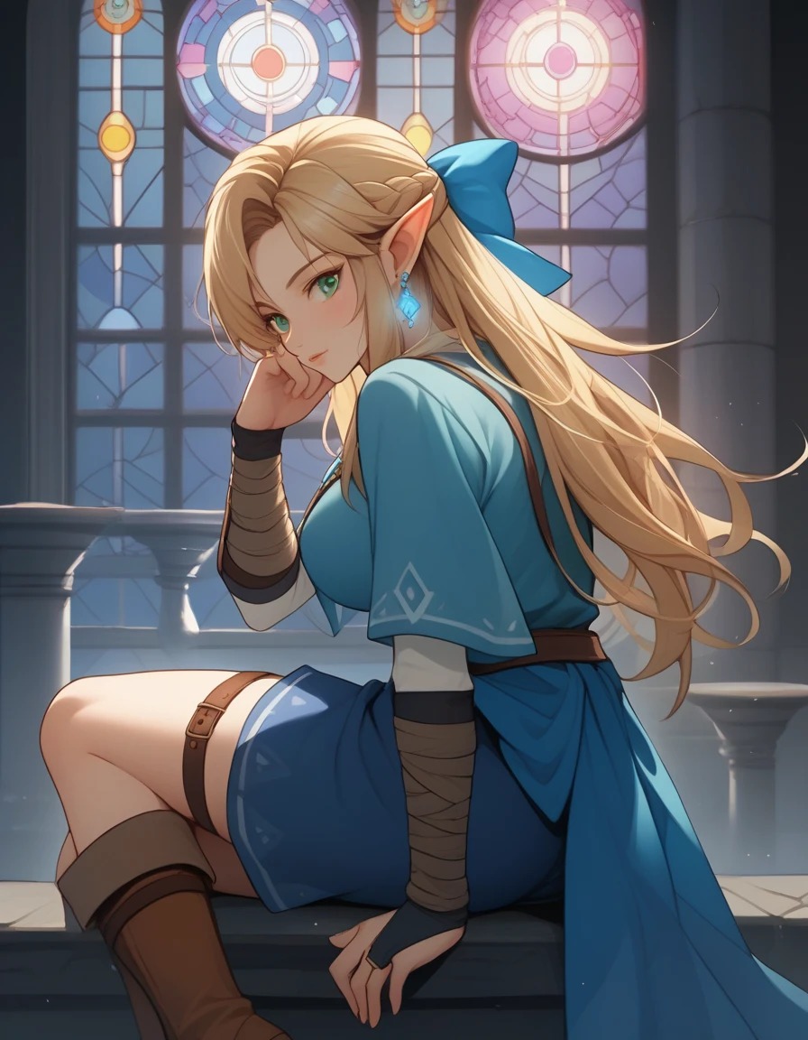 score_9, score_8_up, score_7_up, score_6_up, score_5_up, score_4_up, uncensored, BREAK source_anime, clear outline, a cute girl, botw, link, blonde hair, blue green eyes, pointy ears, bridal gauntlets, brown fingerless gloves, brown footwear, blue tunic, pants, weapon on back, blue earrings, long hair, large breasts, ribbons, frills, thigh strap, bioluminescence, dark, night, darkness, cold, cold lighting, fog, glowing, silent, in the mysterious deep sea, in the beautiful blue deep sea, surrounded by beautiful stained glass, behind the stained glass windows of a church temple, backlit sea bottom, bubbles, fish sitting on the side of a stone column