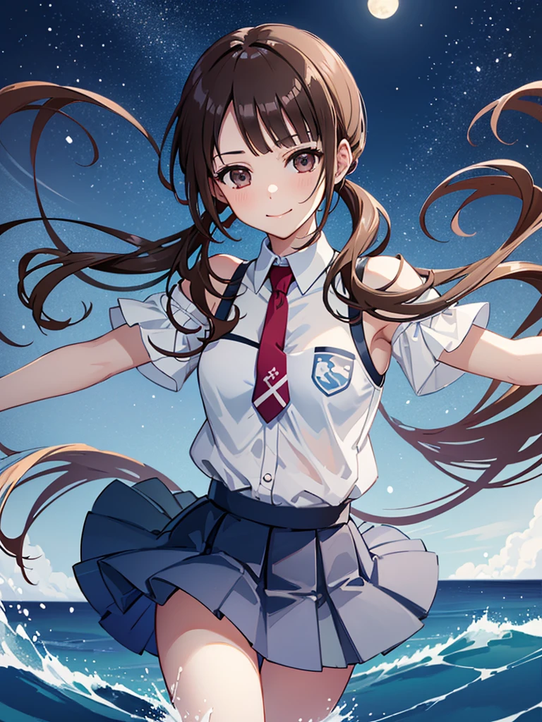 ((Highest quality,masterpiece)),(16K,Ultra-high resolution,Super detailed)1girl, 独奏,okitasawa, alluringly smiling and tempting the viewer, Low twintails that reach down to the shoulders,White shirt with open chest, short sleeves, red necktie, blue skirt,The dark coast of Japan in the dead of summer,Highly detailed facial features, Beautiful and perfect face, Perfect Eyes,walking on water,Splashing water effects,A clear, beautiful sea,Anatomically correct body,Perfect lighting,Perfect Shadow,A face waiting for a kiss,Blue bra,red cheek,full moon,Moonlit