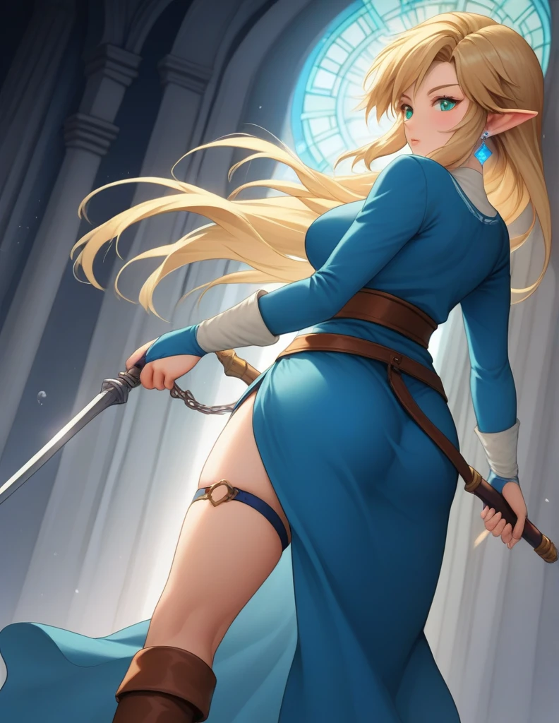 score_9, score_8_up, score_7_up, score_6_up, score_5_up, score_4_up, uncensored, BREAK source_anime, clear outline, a cute girl, botw, link, blonde hair, blue green eyes, pointy ears, bridal gauntlets, brown fingerless gloves, brown footwear, blue tunic, pants, weapon on back, blue earrings, long hair, large breasts, ribbons, frills, thigh strap, bioluminescence, dark, night, darkness, cold, cold lighting, fog, glowing, silent, in the mysterious deep sea, in the beautiful blue deep sea, surrounded by beautiful stained glass, behind the stained glass windows of a church temple, backlit sea bottom, bubbles, standing, from back,