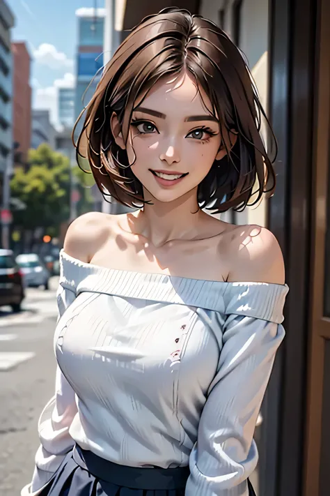 1 beauty, ((white knit loose off-shoulder top, tight mini skirt)), beautiful face, beautiful eyes, double eyelid, long eyelashes...