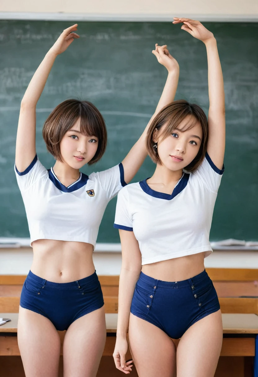 Photo taken from the front, The left and right sides are spaced equally apart, Draw symmetrically, School classroom, Space evenly left and right, Stand upright, (Cowboy Shot), (Put your arms behind your head:1.5), Two, Girls Pair, 18-year-old, Very short hair, Life-size human, (((Navy blue panties))), ((White T-shirt))、cute、beautiful、Beauty、navel piercing、Unruly armpit hair、Short stature、Sweat、Erect nipples、Short torso