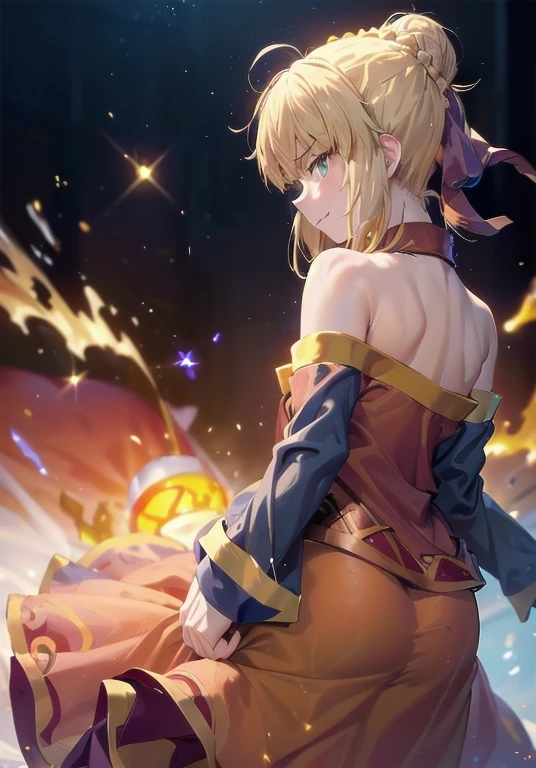  masterpiece, beautiful detail, beautiful light and shadow,Beautiful Anime Woman, Beautiful art style, Anime characters,1girl, ((((solo)))),saber,blonde hair, french  braid,short hair, hair ribbon,Sexy Hard Body,dynamic pose,looking at another,smile,shy,(close-up),((((mgmoutfit,bare shoulders)))), fluttering clothes