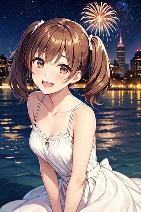 yumi fukuzawa、shiny brown hair,medium hair, 、(( high twintails、rabbit style)),beautiful brown eyes、sparkling eyes, fine grain、sm...