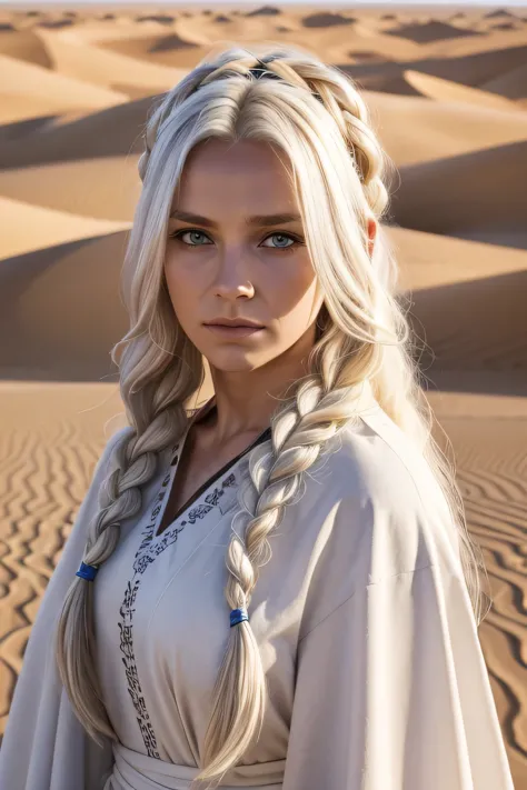 1 female viking, long white hair, braided hair, wearing a caftan, ugly face, 30 years old, desert background, absurdres, high re...