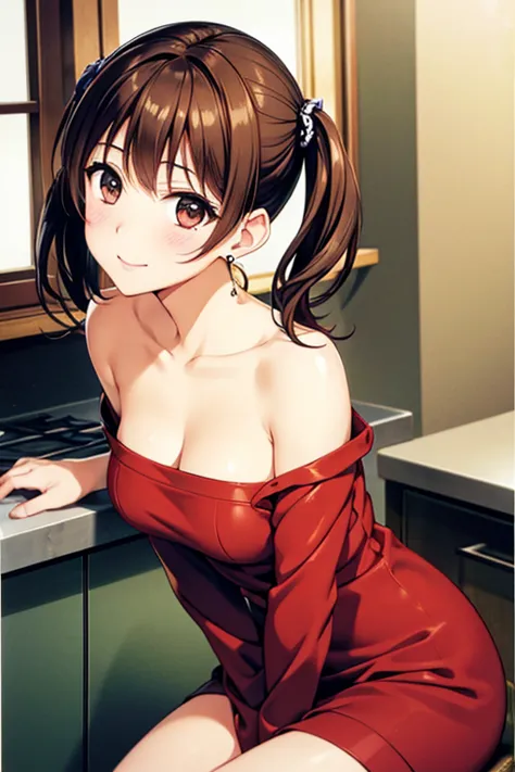 yumi fukuzawa、shiny brown hair,medium hair, 、(( high twintails、rabbit style)),beautiful brown eyes、sparkling eyes, fine grain、sm...