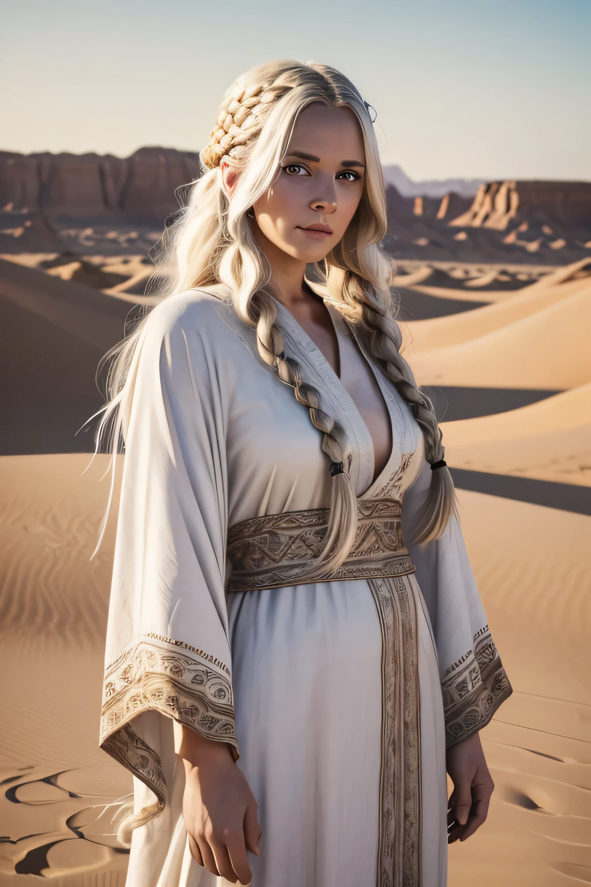 1 female viking, long white hair, braided hair, wearing a caftan, ugly face, 30 years old, desert background, absurdres, high res, ultrasharp, 8K, masterpiece, the image should be of absurd resolution and high detail. It should be ultra-sharp and available in 8K resolution, representing a masterpiece in image quality.