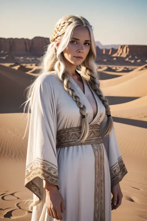 1 female viking, long white hair, braided hair, wearing a caftan, ugly face, 30 years old, desert background, absurdres, high re...