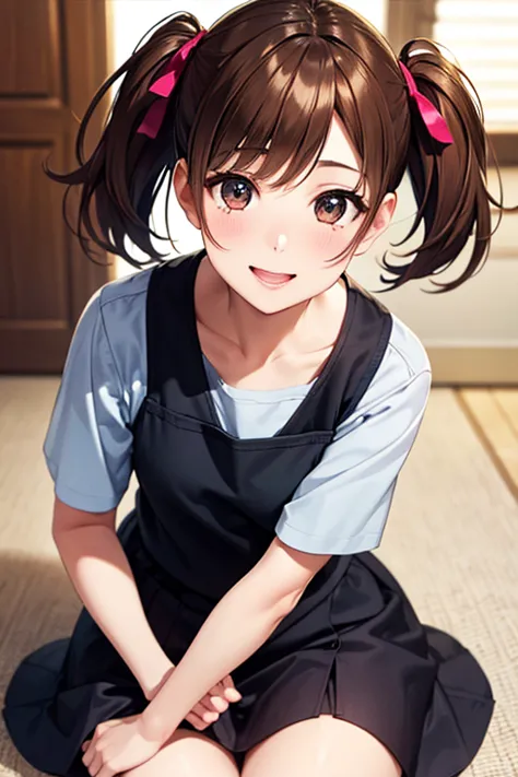 yumi fukuzawa、shiny brown hair,medium hair, 、(( high twintails、rabbit style)),beautiful brown eyes、sparkling eyes, fine grain、sm...