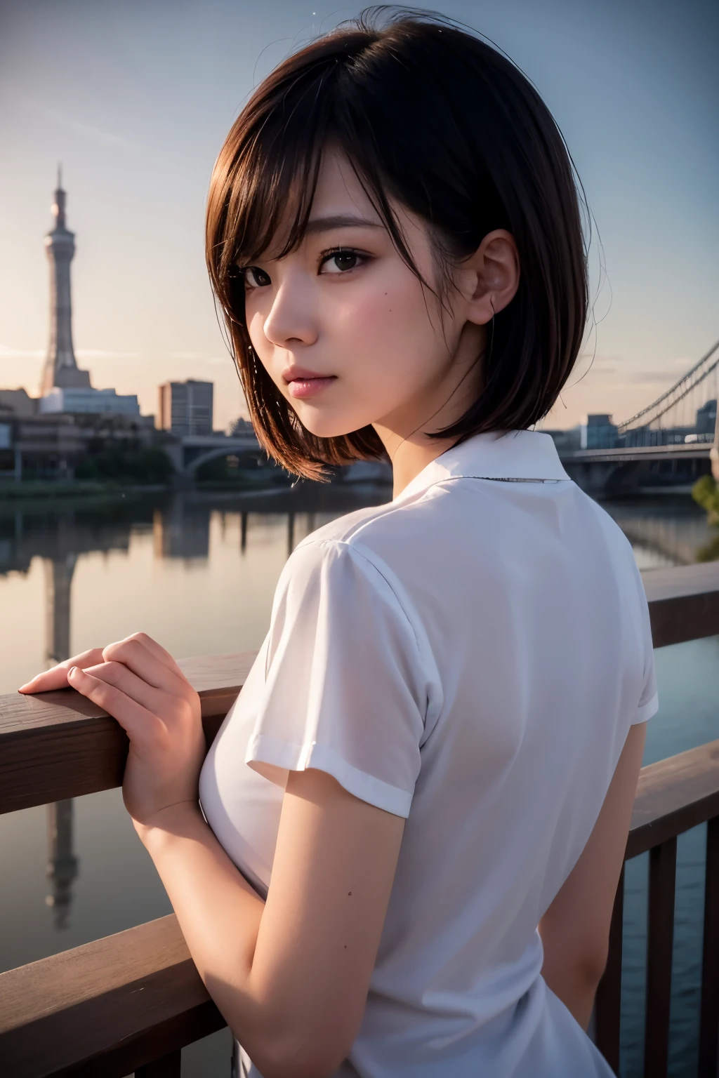 8k, RAW Photo, Best Quality, Masterpiece, Realistic, PhotoRealistic, Extremely Detailed 8k Wallpaper, Beautifully Detailed Eyes, Finely Detailed Face, 
 BREAK 
Cinematic Lighting, Rim Lighting, 
 BREAK 
(((1 Girl at Riverside, 
s-bridge:1.8, t-skytree:1.8, s-river:1.8, night:1.8, sparkle:1.8, reflection:1.8))), 
Perfectly Anatomically Correct:1.0, 5 Beautiful Thin Finger:1.0, 
 BREAK 
1 Girl, 
Very Short Bob Hair:1.2, Symmetrical Clear Eyes:1.1, Captivating Eye Reflections:1.1, 
[[Kawaii, Japanese], Wide-Set Eyes, [Big Eyes], Almond-Shaped Eyes, tareme, (Double Eyelids), [Eye Bags], (White Skinned), Blush, Embarrassed, 17-Year-Old, 
(Round Face), [Chiseled Face], Round Chin, Thin Lips, [Small Nose], [Oval-shaped Face], (Wet Hair), [Messy Hair], Open Mouse, [Pouted Cheek]], 
Clothing Random Burberry Tops + Bottoms, 
Looking Back Viewer, 
 BREAK 
SFW:1.2, 
 BREAK 
(Low Angle:1.2, POV Shot), Soft Saturation, Soft contrast, bokeh:1.2