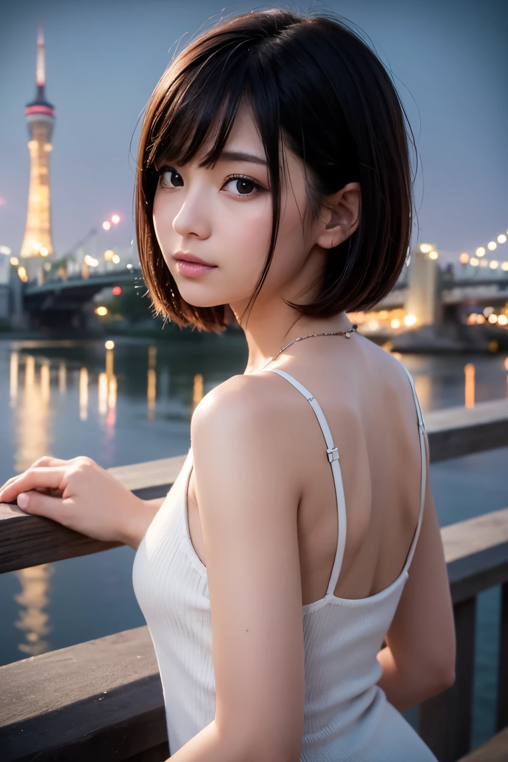 8k, RAW Photo, Best Quality, Masterpiece, Realistic, PhotoRealistic, Extremely Detailed 8k Wallpaper, Beautifully Detailed Eyes, Finely Detailed Face, 
 BREAK 
Cinematic Lighting, Rim Lighting, 
 BREAK 
(((1 Girl at Riverside, 
s-bridge:1.8, t-skytree:1.8, s-river:1.8, night:1.8, sparkle:1.8, reflection:1.8))), 
Perfectly Anatomically Correct:1.0, 5 Beautiful Thin Finger:1.0, 
 BREAK 
1 Girl, 
Very Short Bob Hair:1.2, Symmetrical Clear Eyes:1.1, Captivating Eye Reflections:1.1, 
[[Kawaii, Japanese], Wide-Set Eyes, [Big Eyes], Almond-Shaped Eyes, tareme, (Double Eyelids), [Eye Bags], (White Skinned), Blush, Embarrassed, 17-Year-Old, 
(Round Face), [Chiseled Face], Round Chin, Thin Lips, [Small Nose], [Oval-shaped Face], (Wet Hair), [Messy Hair], Open Mouse, [Pouted Cheek]], 
Clothing Random SHIMAMURA Tops + Bottoms, 
Looking Back Viewer, 
 BREAK 
SFW:1.0, 
 BREAK 
(Low Angle:1.2), Soft Saturation, Soft contrast, bokeh:1.2