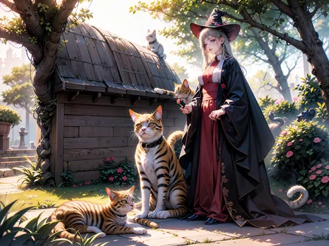 a very beautiful witch、multiple very large cats、witch&#39;s familiar cat、the witch is diligently hitting the cat、the cat is stan...