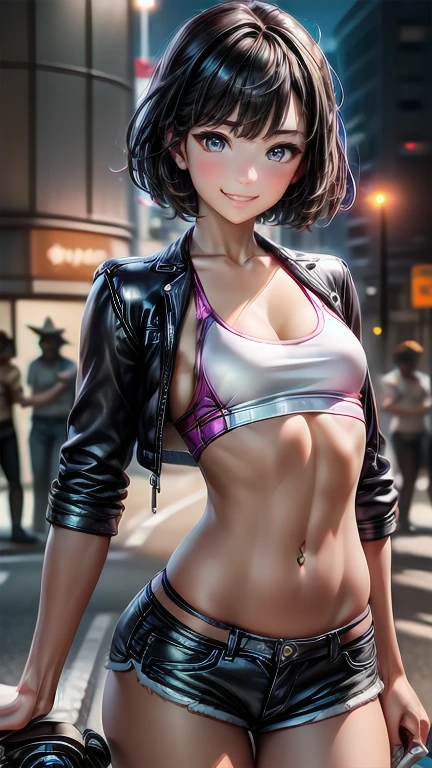 (Cowboy Shot), (Perfect Anatomy, Highest quality, 超High resolution, High resolution, Highly detailed CG, 8K Unit Wallpaper), 26-year-old woman, alone, Beautiful attention to detail, Black Hair, Short Bob Hair, Blunt Bang, (Small breasts, A slender body like a sculpture, Sports competition), Glowing Skin, Oily skin, (Punk Fashion, leather jacket, Tank top, Micro Shorts), (Drive a motorcycle,Harley-Davidson), On the road, Tokyo, At night