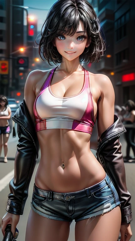 (Cowboy Shot), (Perfect Anatomy, Highest quality, 超High resolution, High resolution, Highly detailed CG, 8K Unit Wallpaper), 26-year-old woman, alone, Beautiful attention to detail, Black Hair, Short Bob Hair, Blunt Bang, (Small breasts, A slender body like a sculpture, Sports competition), Glowing Skin, Oily skin, (Punk Fashion, leather jacket, Tank top, Micro Shorts), (Drive a motorcycle,Harley-Davidson), On the road, Tokyo, At night