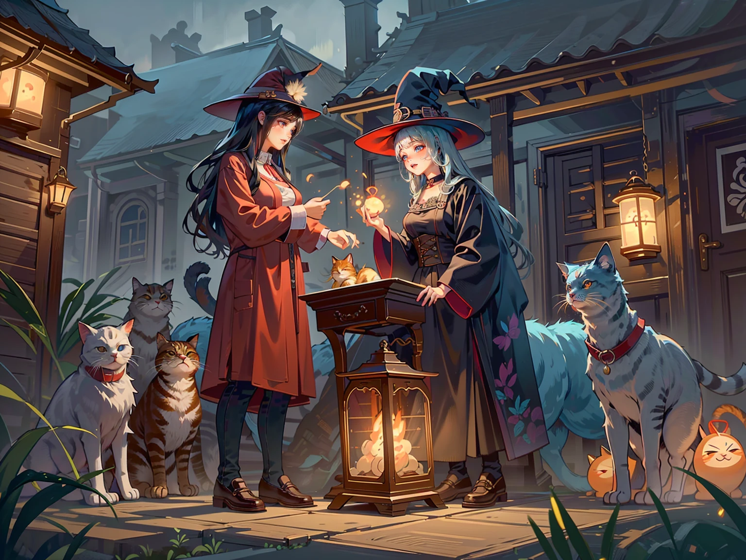 A very beautiful witch、Multiple very large cats、Witch&#39;s Familiar Cat、The witch is diligently hitting the cat、The cat is standing upright on two legs、Cats are very eerie、A group of bakeneko
