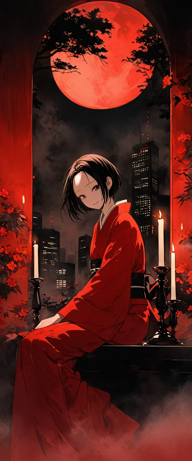 Red silk kimono。Beautiful in the mist,Sitting in the fog。Black belt。smile。Black Short Hair。forehead,Large and beautiful black eyes are shining.。Dead skin。alone。darkness。Spooky atmosphere。Japan。night。full moon。Red Sky。Red flower,modern。Chiaroscuro,The skyscrapers of Tokyo's skyline。Have a candlestick。candle。