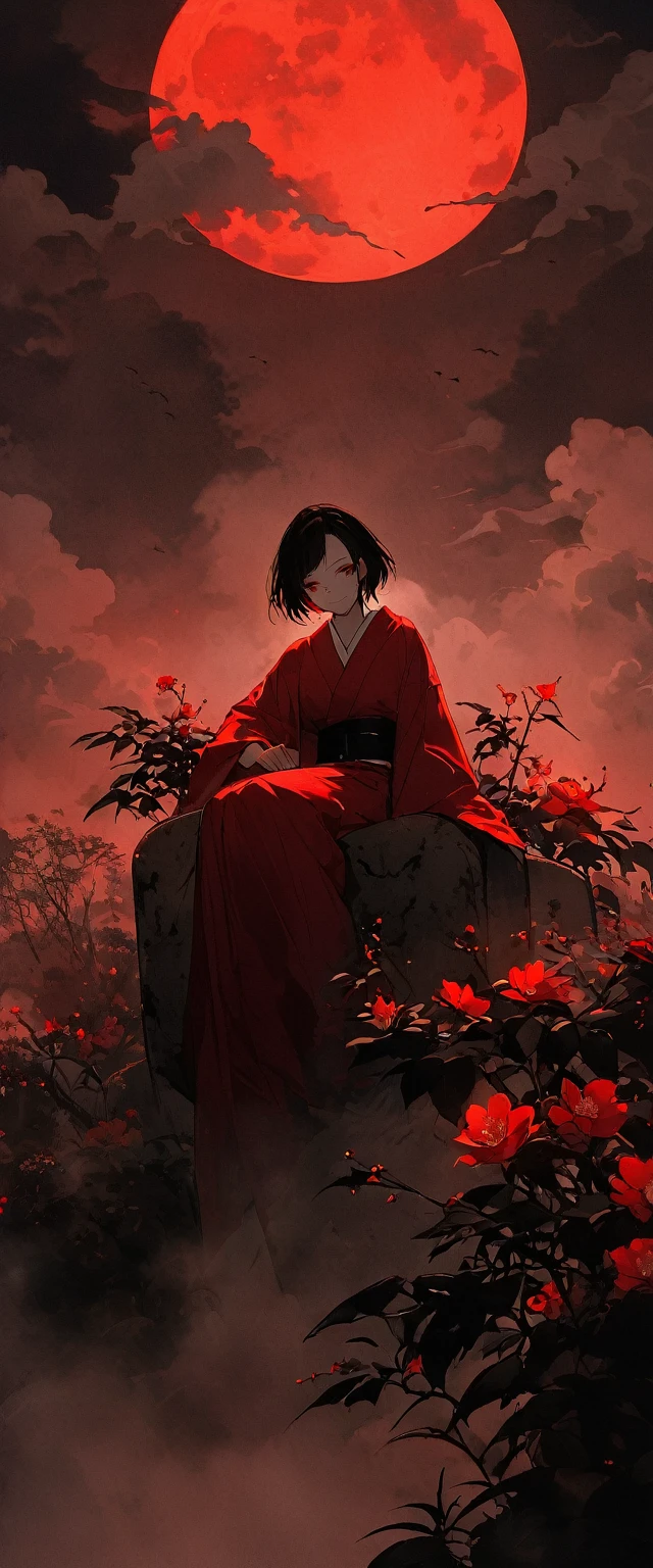 Red silk kimono。Beautiful in the mist,Sitting in the fog。Black belt。smile。Black Short Hair。forehead,Large and beautiful red eyes are shining.。Dead skin。alone。darkness。Spooky atmosphere。Japan。night。full moon。Red Sky。Red flower,modern。Chiaroscuro,The skyscrapers of Tokyo's skyline。Have a candlestick。candle。