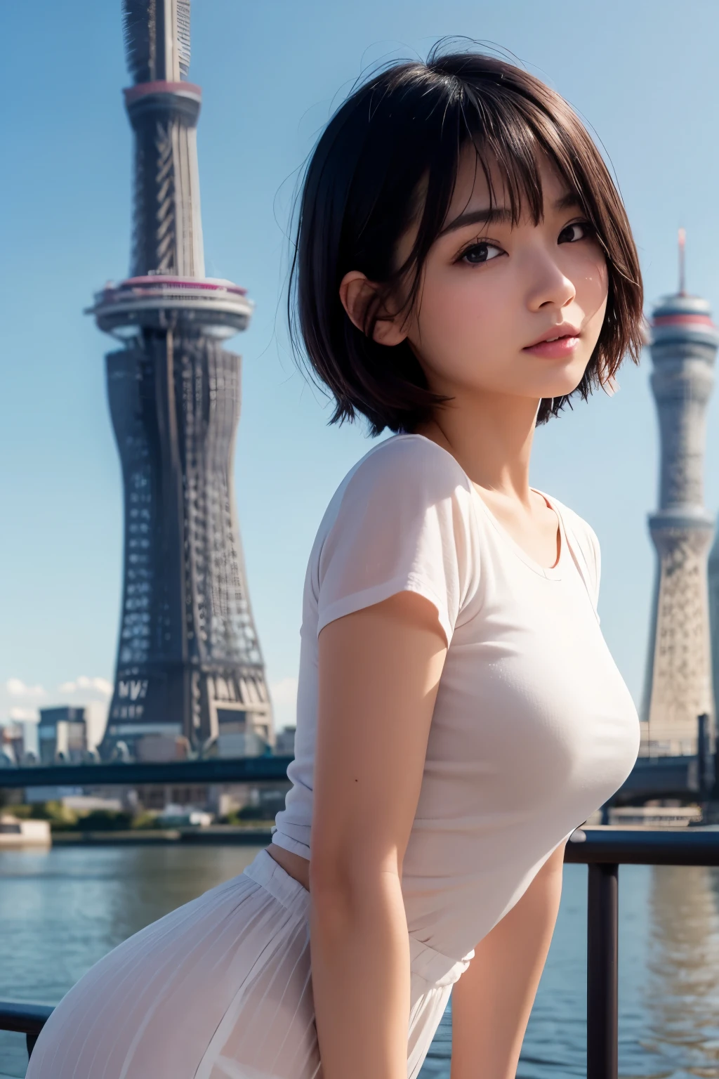 8k, RAW Photo, Best Quality, Masterpiece, Realistic, PhotoRealistic, Extremely Detailed 8k Wallpaper, Beautifully Detailed Eyes, Finely Detailed Face, 
 BREAK 
Cinematic Lighting, Rim Lighting, 
 BREAK 
(((1 Girl at Riverside, 
s-bridge:1.8, t-skytree:1.8, s-river:1.8, bluesky:1.8))), 
Perfectly Anatomically Correct:1.0, 5 Beautiful Thin Finger:1.0, 
 BREAK 
1 Girl, 
Very Short Bob Hair:1.2, Symmetrical Clear Eyes:1.1, Captivating Eye Reflections:1.1, 
[[Kawaii, Japanese], Wide-Set Eyes, [Big Eyes], Almond-Shaped Eyes, tareme, (Double Eyelids), [Eye Bags], (White Skinned), Blush, Embarrassed, 17-Year-Old, 
(Round Face), [Chiseled Face], Round Chin, Thin Lips, [Small Nose], [Oval-shaped Face], (Wet Hair), [Messy Hair], Open Mouse, [Pouted Cheek]], 
Clothing Random SHIMAMURA Tops + Bottoms, 
Looking Back Viewer, 
 BREAK 
SFW:1.0, 
 BREAK 
(Low Angle:1.2), Soft Saturation, Soft contrast, bokeh:1.2