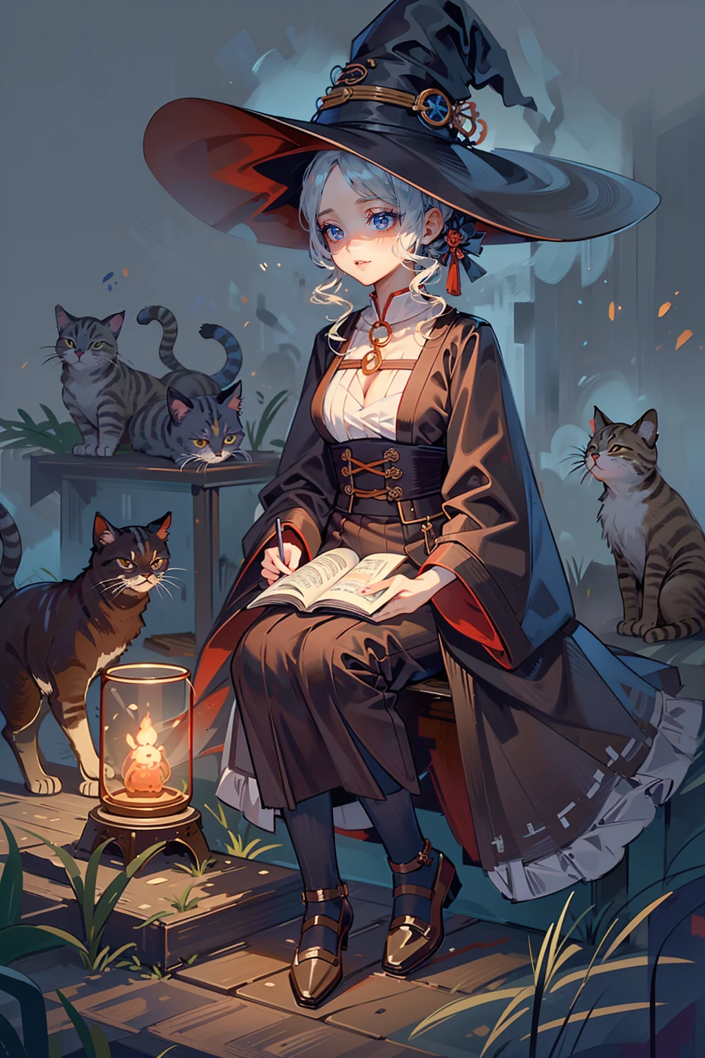 A very beautiful witch、Multiple very large cats、Witch&#39;s Familiar Cat、The witch is diligently hitting the cat、The cat is standing upright on two legs、Cats are very eerie、A group of bakeneko
