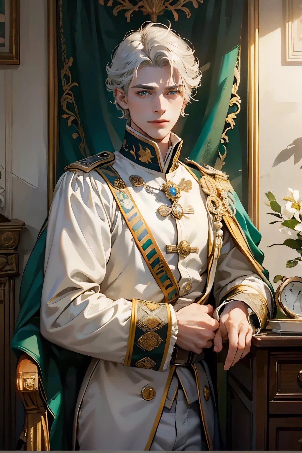 (masterpiece), best quality, expressive eyes, perfect face,18th century European noblemen，prince，silver hair，Green eyes，hansome，gentle， Smile, 25 years old, White clothes, short hair, curls, individual, (male), Ancient European military uniforms