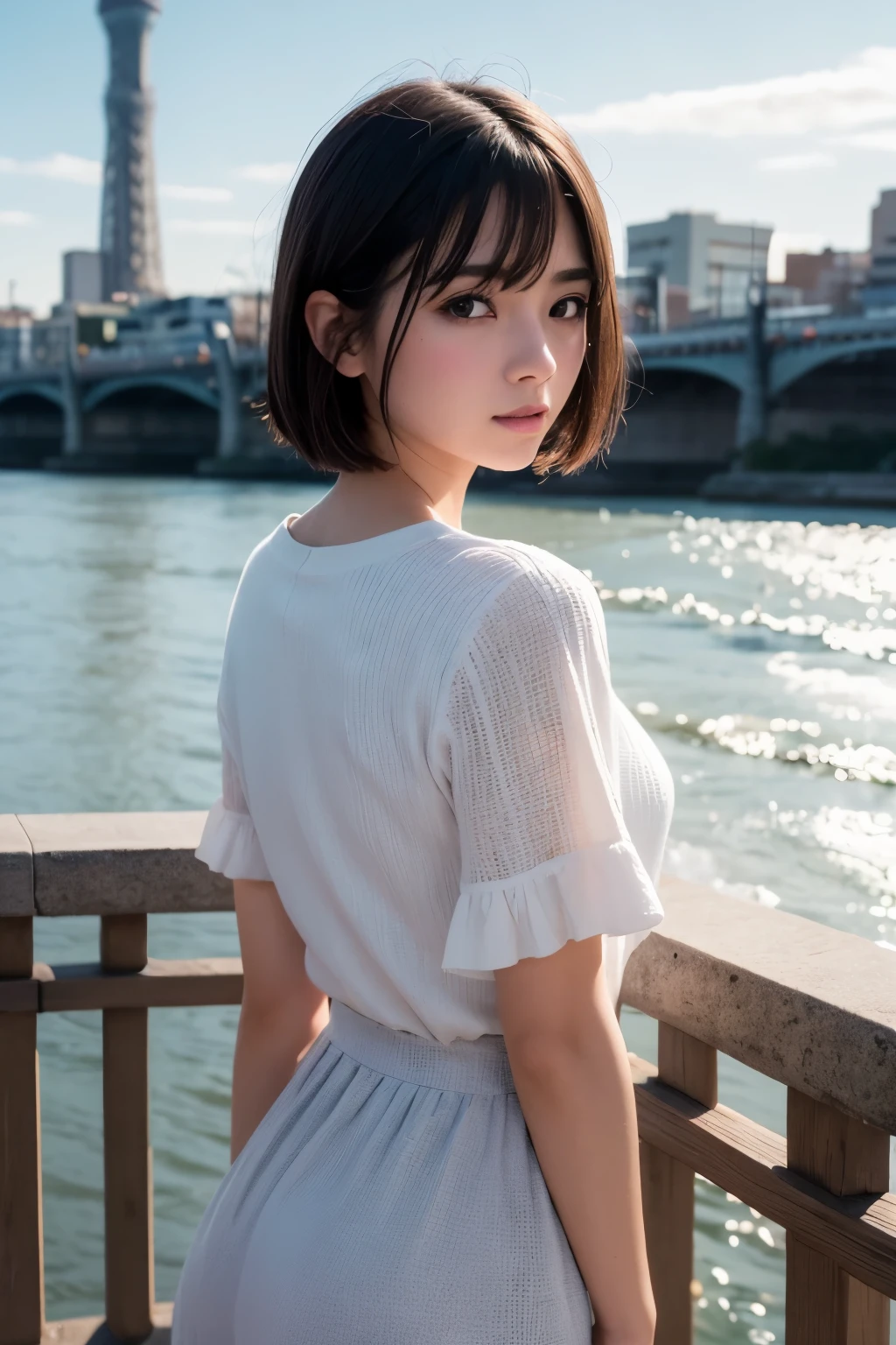 8k, RAW Photo, Best Quality, Masterpiece, Realistic, PhotoRealistic, Extremely Detailed 8k Wallpaper, Beautifully Detailed Eyes, Finely Detailed Face, 
 BREAK 
Cinematic Lighting, Rim Lighting, 
 BREAK 
1 Girl, 
(((s-bridge:1.8, t-skytree:1.8, s-river:1.8, bluesky:1.6, cloud:1.6))), 
Perfectly Anatomically Correct:1.0, 5 Beautiful Thin Finger:1.0, 
 BREAK 
1 Girl, 
Very Short Bob Hair:1.2, Symmetrical Clear Eyes:1.1, Captivating Eye Reflections:1.1, 
[[Kawaii, Japanese], Wide-Set Eyes, [Big Eyes], Almond-Shaped Eyes, tareme, (Double Eyelids), [Eye Bags], (White Skinned), Blush, Embarrassed, 17-Year-Old, 
(Round Face), [Chiseled Face], Round Chin, Thin Lips, [Small Nose], [Oval-shaped Face], (Wet Hair), [Messy Hair], Open Mouse, [Pouted Cheek]], 
Clothing Random SHIMAMURA Tops + Bottoms, 
Looking Back Viewer, 
 BREAK 
SFW:1.0, 
 BREAK 
Low Angle:1.2, bokeh:1.2