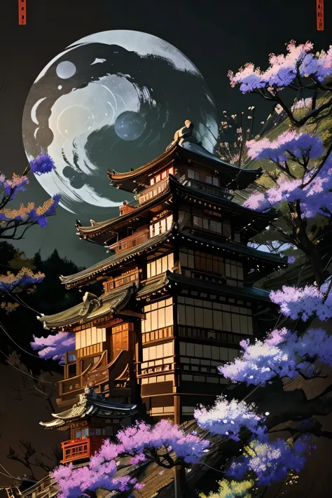 (highest quality:1.2)。nocturnal ghosts。((floating in the air)、samurai residence in japan)。ignoring gravity。up, down, left and ri...