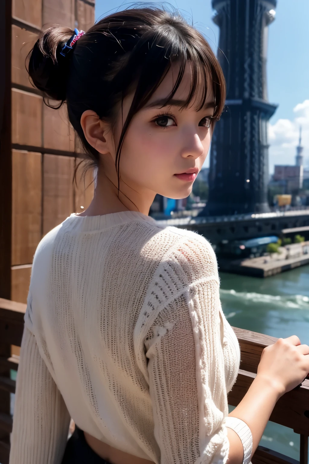 8k, RAW Photo, Best Quality, Masterpiece, Realistic, PhotoRealistic, Extremely Detailed 8k Wallpaper, Beautifully Detailed Eyes, Finely Detailed Face, 
 BREAK 
Cinematic Lighting, Rim Lighting, 
 BREAK 
(((s-bridge:1.8, t-skytree:1.8, s-river:1.8))), 
Perfectly Anatomically Correct:1.0, 5 Beautiful Thin Finger:1.0, 
 BREAK 
1 Girl, 
Very Short Ponytail Hair:1.2, Symmetrical Clear Eyes:1.1, Captivating Eye Reflections:1.1, 
[[Kawaii, Japanese], Wide-Set Eyes, [Big Eyes], Almond-Shaped Eyes, tareme, (Double Eyelids), [Eye Bags], (White Skinned), Blush, Embarrassed, 17-Year-Old, 
(Round Face), [Chiseled Face], Round Chin, Thin Lips, [Small Nose], (Wet Hair), [Messy Hair], Open Mouse, [Pouted Cheek]], 
Clothing Random SHIMAMURA Tops + Bottoms, 
Looking Back Viewer, 
 BREAK 
SFW:1.0, 
 BREAK 
Long Shot:1.2, bokeh:1.2