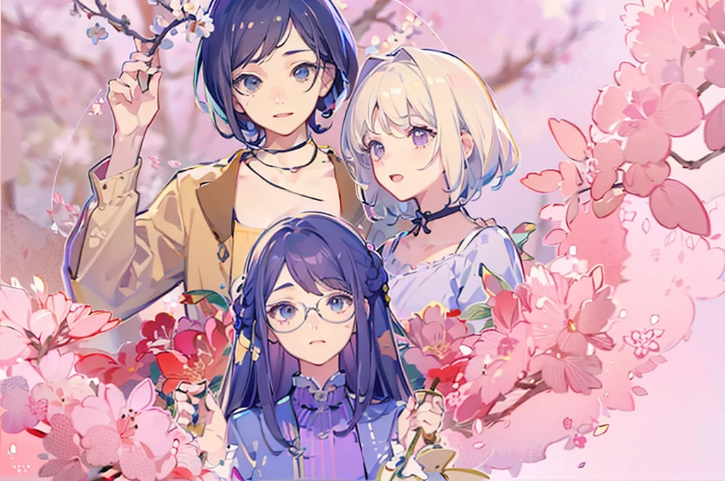 粉色的Cherry blossoms背景，Hidden in the bushes，three people，Dark blue hair。8k，Correct human body，Detailed eye painting，illustration，Highest quality，Exquisite，Detailed face，Masterpiece，flat chest，Slim，young，Pink background，Cherry blossoms，High-end，Hand Painted，Official Fanart, Visual novel, Anime style，Girly Romance, Produced by Anime Painter Studio，Wear modern clothes，masterpiece, best quality,, Intricate details, Perfect, Golden Ratio Composition, 8K resolution, High resolution, fair, Vibrant soft colors