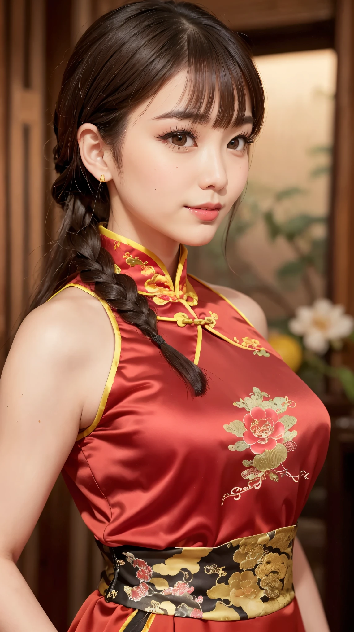 Realistic, masterpiece, Highest quality, Highest Resolution, Anatomically correct, Accurate Anatomy, 7 heads, Height: 165cm, One Japanese woman, profile, Staring at the audience, Smiling with an open mouth, Staring at the audience, Fine and beautiful eyes, Sparkling eyes, Thin eyebrows, Gives lashes a delicate finish, False eyelashes, (Chinese traditional makeup:1.2), (Dumpling＋Braided hair, Blunt bangs, Brown Hair:1.2), Detailed face, Sharp Eyes, (Traditional Chinese Dress, Clothes that fit snugly to the body, Random Color:1.3), Upper body photo, Background like ink painting