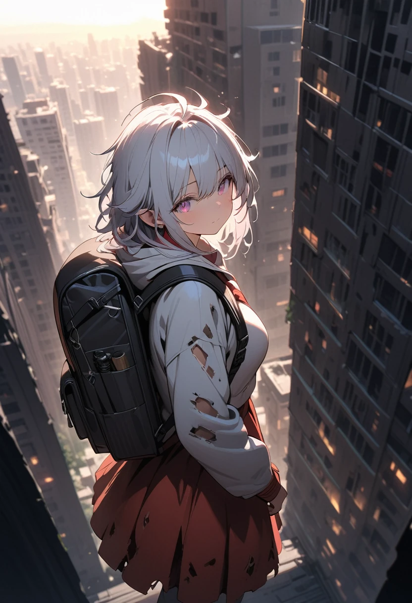 (girl looking down on city alone from top of tall building), (beautiful girl, beautiful shining eyes, messy hair, dirty tattered clothes, dirty tattered rucksack, survival knife:1.2), devastated futuristic city, city eroded by vegetation, abandoned skyscrapers covered in vegetation, civilization and remnants of technology, post-apocalyptic world, void, Sunset sky, dynamic composition, 
((best quality: 1.2, very detailed, ultra-high resolution, absurdres: 1.3, highres: 1.3, masterpiece: 1.2, top quality, best aesthetic, fine texture, perfect lighting: 1.2, best shadow, sharp focus: 1.3, high contrast, high color saturation)), (anatomically correct, perfect hands: 1.2), (professional photography:1.2), cowboy shot, from above, cinematic lighting, anime style, 