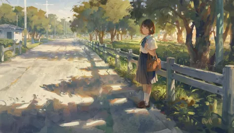 the image portrays a serene outdoor setting, possibly a park or a school grounds. a young girl with short brown hair is standing...