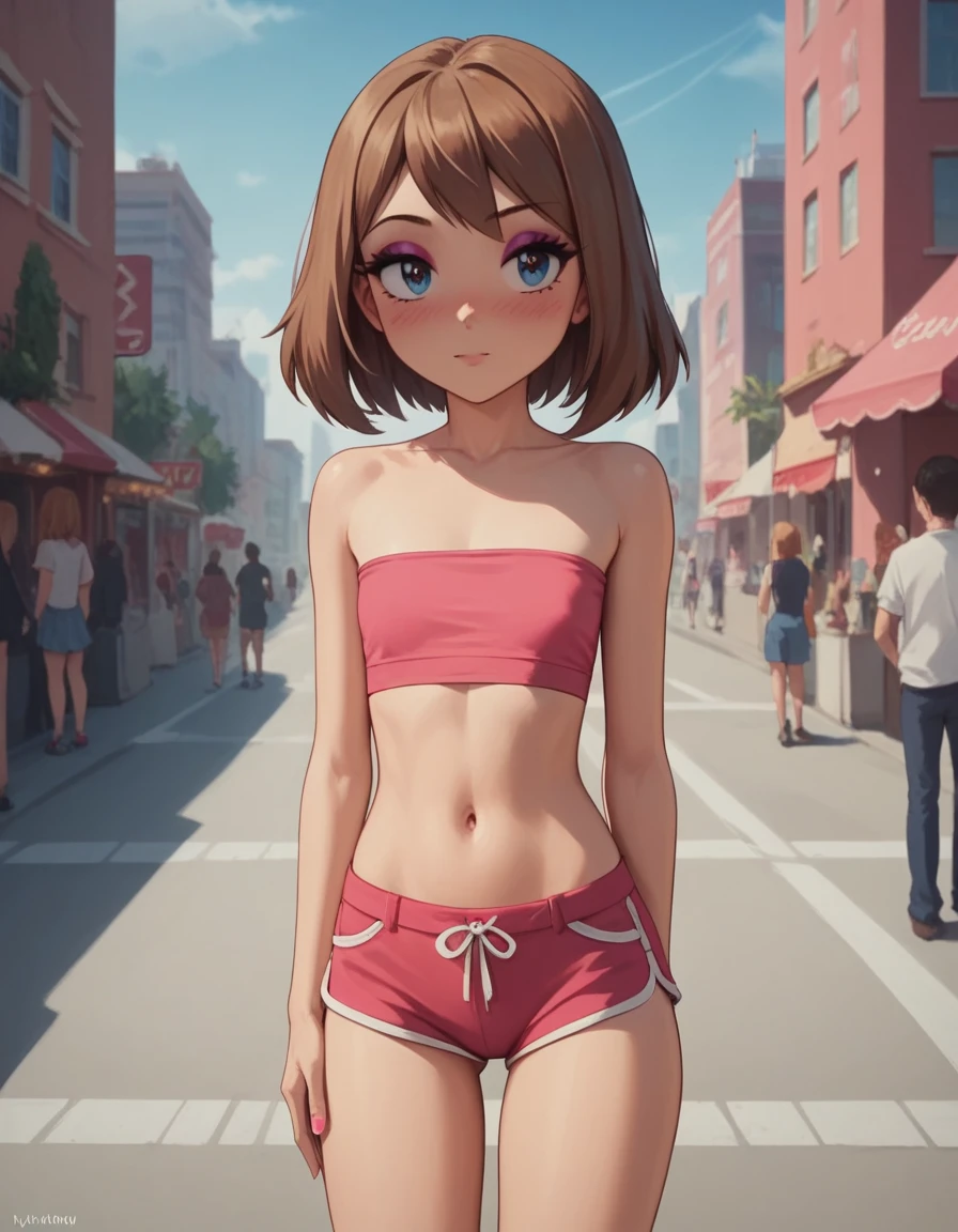 ((sexy girl ,young)) ,nsfw, glamorous, slender, may, pink tube top, moistened eyes,blush, young girl, prostitute, slutty outfit, makeup, eyeshadow, city,