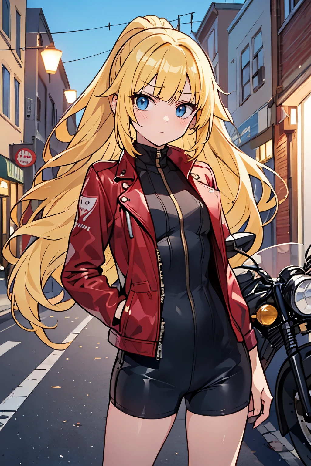 solo girl, (young female body:1.4), ( medium small breasts), knee length hair, yellow long hair, ponytail, voluminous wavy very long yellow hair, extra long yellow hair, hime cut, light blue eyes, cowboy shot, standing in the street, street lights and motorcycle, modern town, street car, biker chick, biker clothing, leather jacket, 