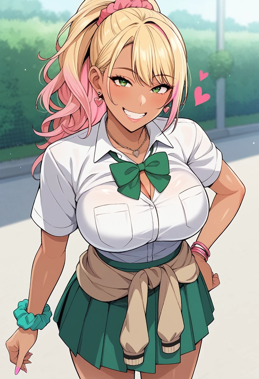 score_9, score_8_up, score_7_up, source_anime, ((m18+)), 1girl, solo, long hair, blonde hair, pink hair, multicolored hair, hair ornament, ponytail, green eyes, large breasts, bracelet, scrunchie, wrist scrunchie, gyaru, smile, looking at view, school uniform, white skirt, short sleeves, green bowtie, green skirt, pleated skirt, necklace, heart, clothes around waist, earrings, outdoors, standing