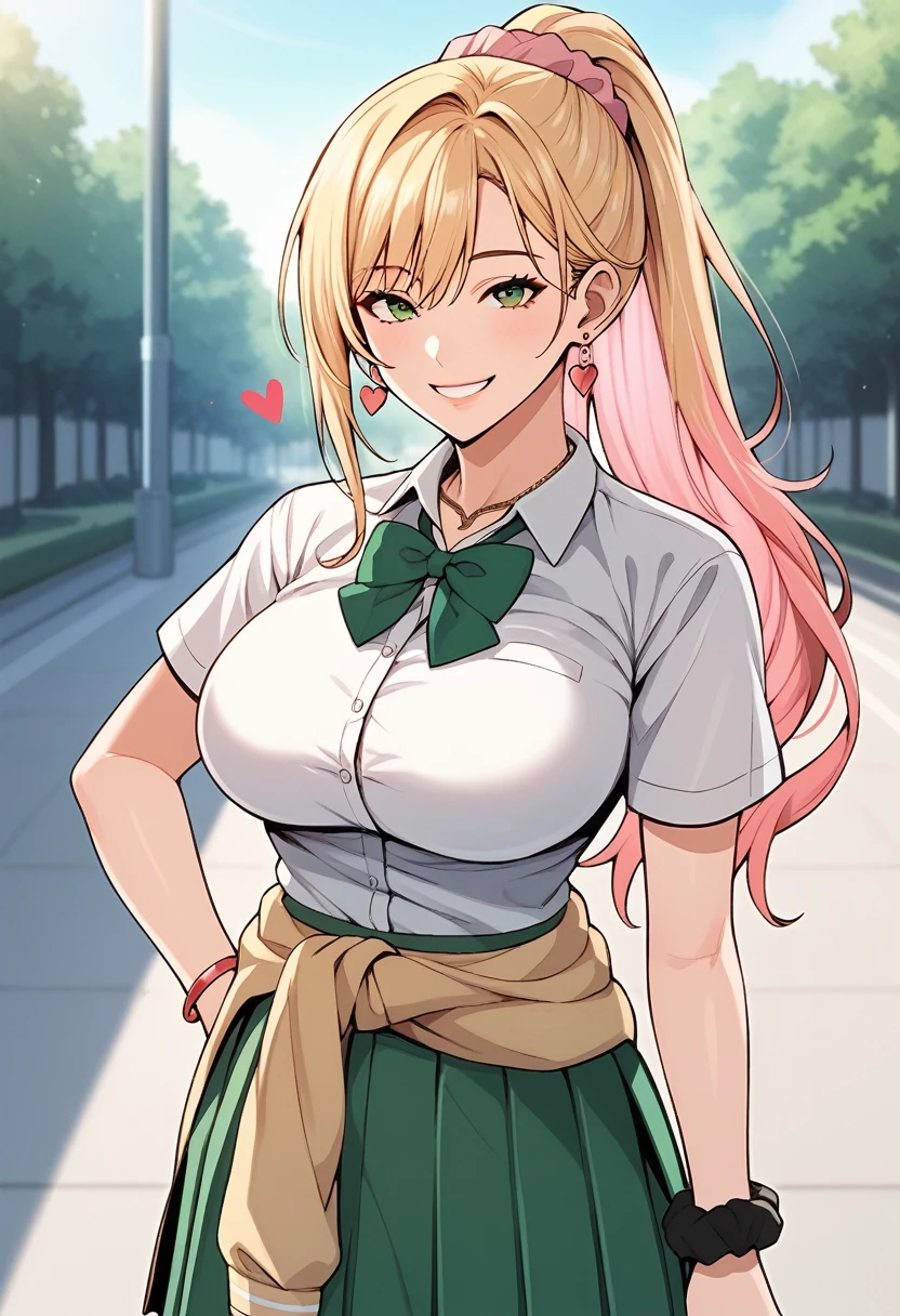 score_9, score_8_up, score_7_up, source_anime, ((m18+)), 1girl, solo, long hair, blonde hair, pink hair, multicolored hair, hair ornament, ponytail, green eyes, large breasts, bracelet, wrist scrunchie, smile, looking at view, school uniform, white skirt, short sleeves, green bowtie, green skirt, pleated skirt, necklace, heart, clothes around waist, earrings, outdoors, standing