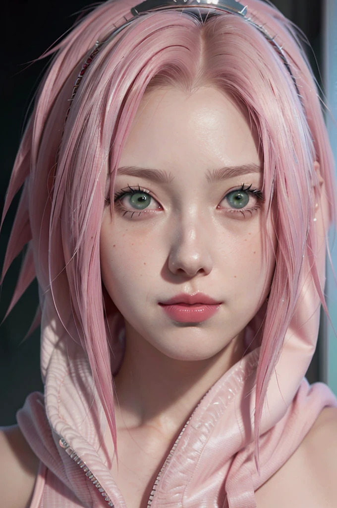 person with short hair and a hoodie, haruno sakura, haruno sakura from naruto, from naruto, as an anime character, perfect anime face, she has pink hair, female anime character, anime character, anime best girl, hime cut hairstyle, pink hair, (red glossy lips:1.3), light green eyes, smile,  (beautiful face:1.3), showing armpits, sweaty body