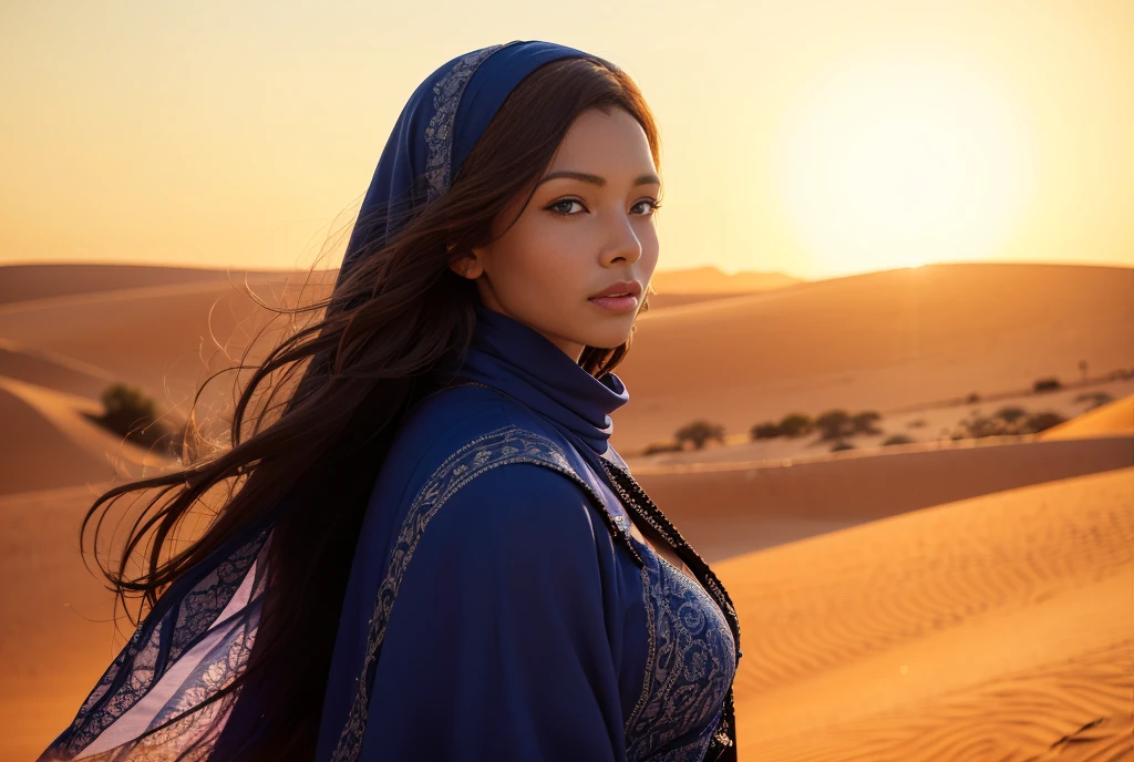 High resolution, Anatomically correct, accurate, Highest quality, High detail, Textured skin, One Woman, People of the Sahara, Brown Skin, Sahara nomads, Blue Costume, Blue scarf, Blue Robe, tuareg, Black Hair, sahara, Camel caravan, Vast sand dunes