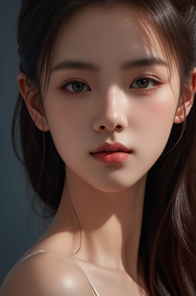 The artwork features a stunning portrait of a beautiful girl with a dark theme, ultra-sharp 16k CG, a masterpiece, excellent image quality, very delicate), (excellent lighting and shadows, exquisite and beautiful), truly smooth skin, bright face, displaying near-perfect 18k quality, versatile, lovely.