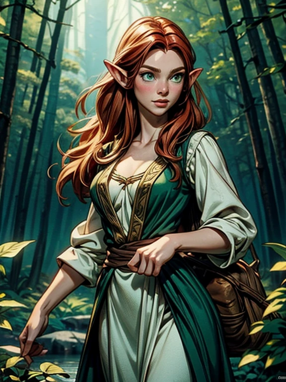 Tauriel, the woodland elf from The Hobbit movie, best quality, ultra-detailed CG unity 8k wallpaper, floating, high resolution, dynamic pose, beautiful face, pale white skin, dark red hair, (green eyes:1.2, green clothes), depth of field, white forest, golden leaves, magic light), slim body, deep cleavage, tight bust, looking at viewer