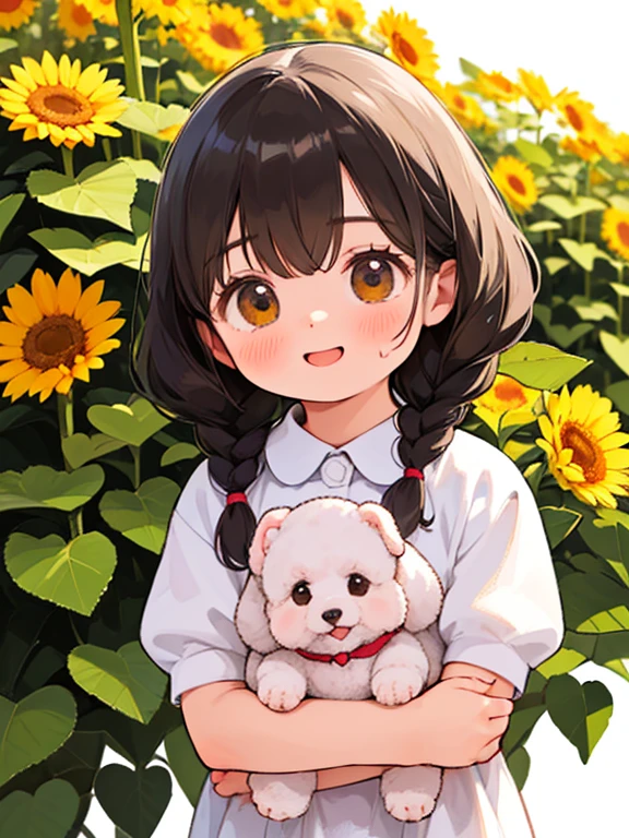 (Highest quality,32K,High resolution,masterpiece:1.2), Very detailed, (Deformed, Realistic, Realistic:1.3)，One Girl，cute，非常にLow length，8-year-old，Laughing happily, Brown eyes，Low length， fluffy, Black hair braids，White short dress，Hugging a poodle，The poodle is much bigger than....，This dog is a poodle，The background of mid-summer is a country house garden，sunflower，My clothes are transparent because of cold sweat，