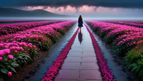 beautiful woman, long hair, wet clothes, alone, on a very long and straight path, with pink flowers on both sides along the path...