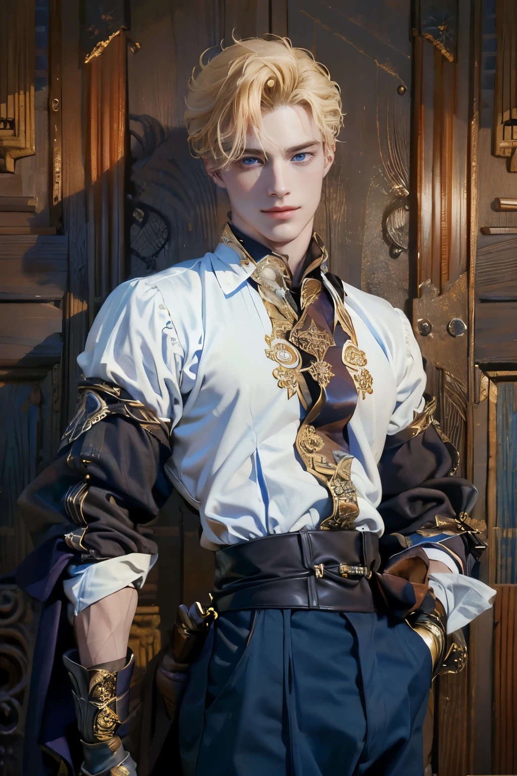 18th century European noblemen，Duke Heir，blond，blue eyes，hansome，Handsome，confidence，Leadership，Thin lips，His eyes are sharp，white shirt，Open shirt button, Smile, Narrow shoulders, 18 years old