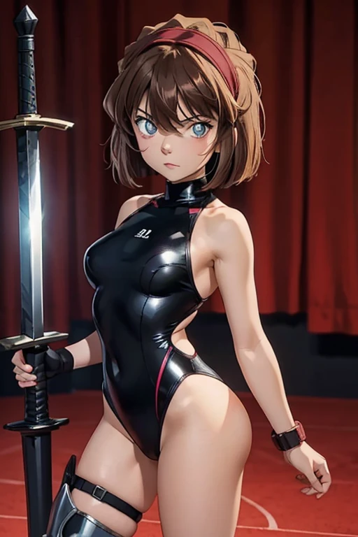 a bit, Warrior Girl, Black high leg swimsuit, sword,armor、Haibara Ai