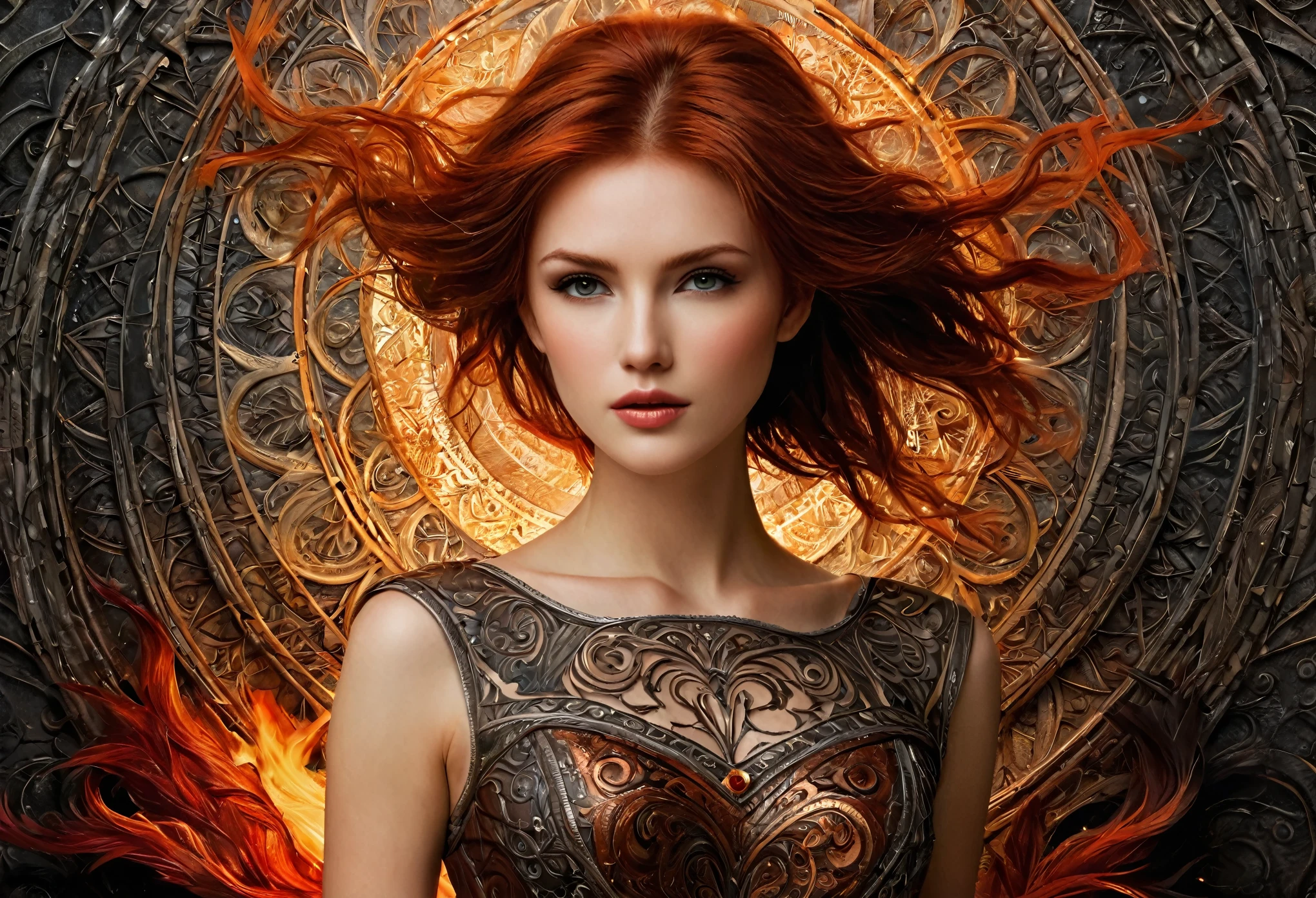 1girl, by Emily Kell and Luis Royo, 27 years old, official art, 8k wallpaper, full length, ultra detailed, beautiful and aesthetic, red hair, brown eyes, leather bust, skirt, A faint smile, masterpiece, best quality, realistic, extremely detailed, dynamic angle, (zentangle, mandala, tangle, entangle), the most beautiful form of chaos, elegant, a brutalist designed, vivid colors, romanticism, plasma flame