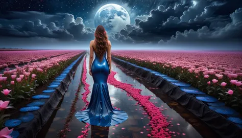 a stunning woman with long hair, dressed in a short, wet blue latex dress, stands alone on a straight, endless path. pink flower...