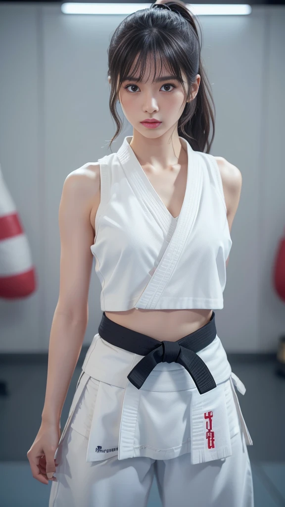 (Sporty bra visible)、(((Sexy Karate Singlet)))、Female karateka with bangs and a ponytail、The navel and under the chest are visible、Glowing Skin、((Embarrassed face))、((Turn away))、((Look to the side))、((Blushing))、(Watery eye)、cry、(((Karate Dojo)))、((Delicate painting))，(Masterpiece detailed RAW photos:1.25), (Highest quality:1.6), (Ultra-high resolution:1.5), (Realistic:1.75), 8k resolution, Canon EOS R5, 50mm, Absurd, Very detailed,Cinema Lighting、((Sporty pants are visible))、(((Take off your pants)))、